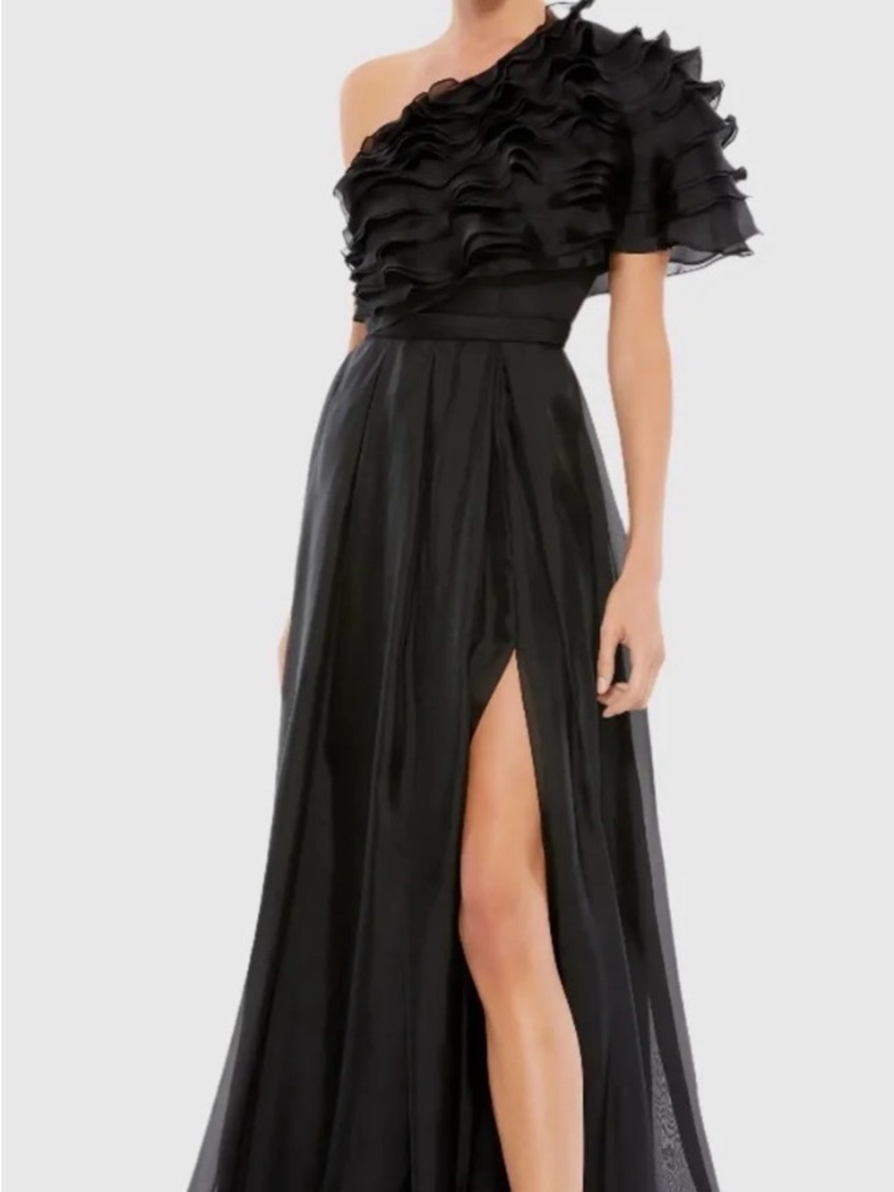 Mac Duggal One-Shoulder Black Ruffle Evening Gown